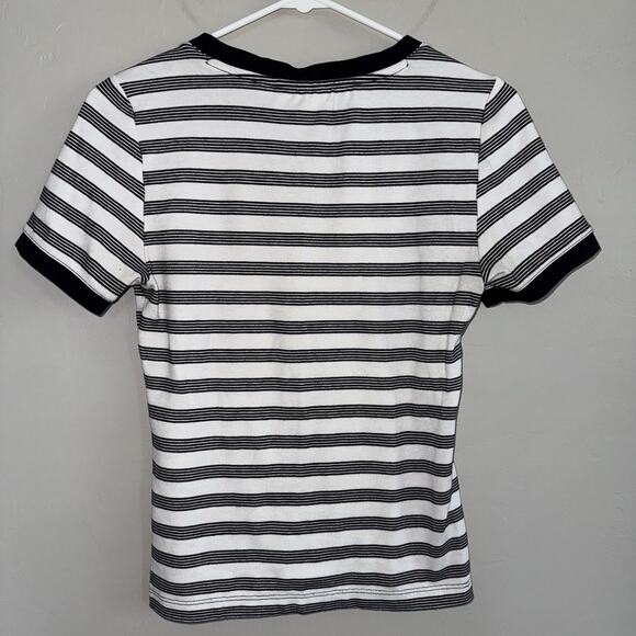 Maeve by Anthropologie Crew Neck Short Sleeve Tee Sz S Black White Striped - Picture 2 of 6